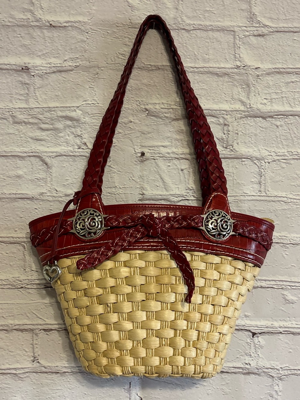 Brighton Red Trim Woven Straw Tote with Braided Handles